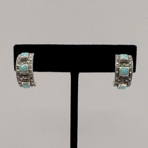 VINTAGE Sterling Silver Turquoise & Marcasite Hoop Earrings